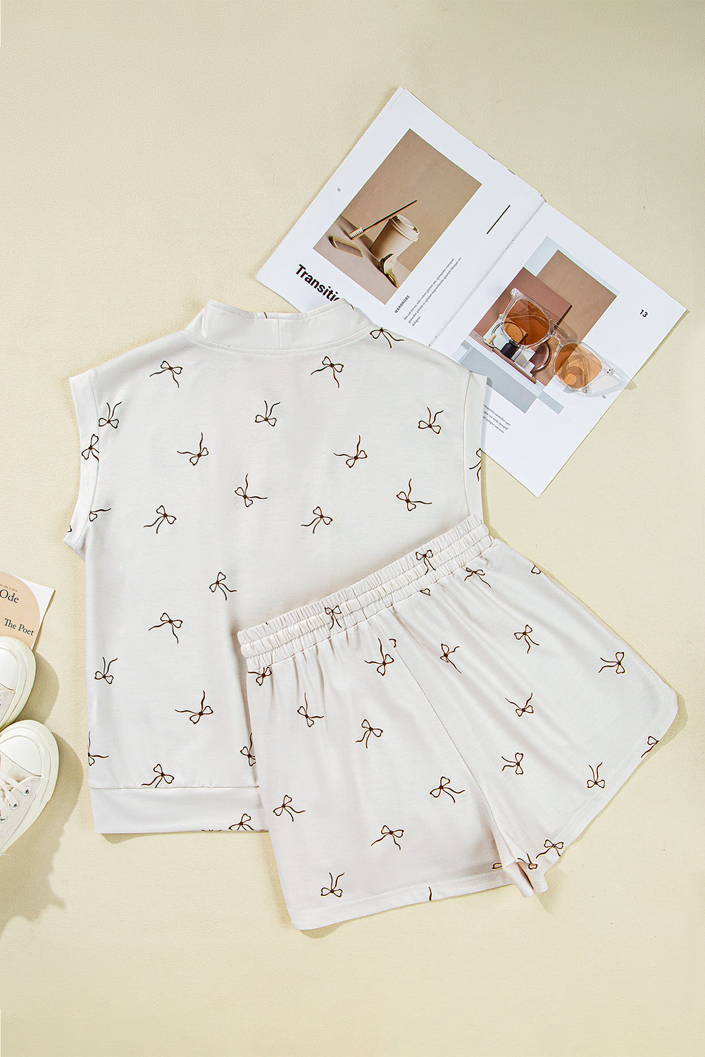 Bow Print Half Zip Tank and Shorts 2pcs Set