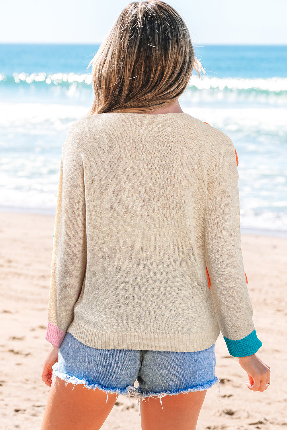 Contrast Flower Detail Colorblock Cuffed Loose Sweater