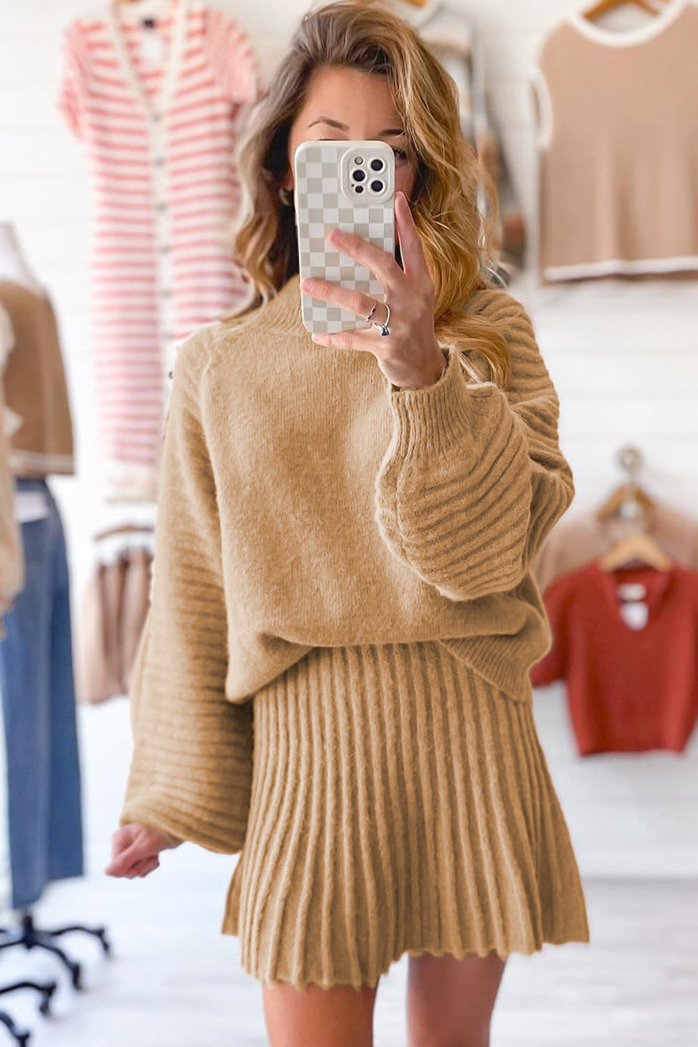 High Neck Puff Sleeve Sweater Pleated Mini Skirt 2pcs Knitted Outfit