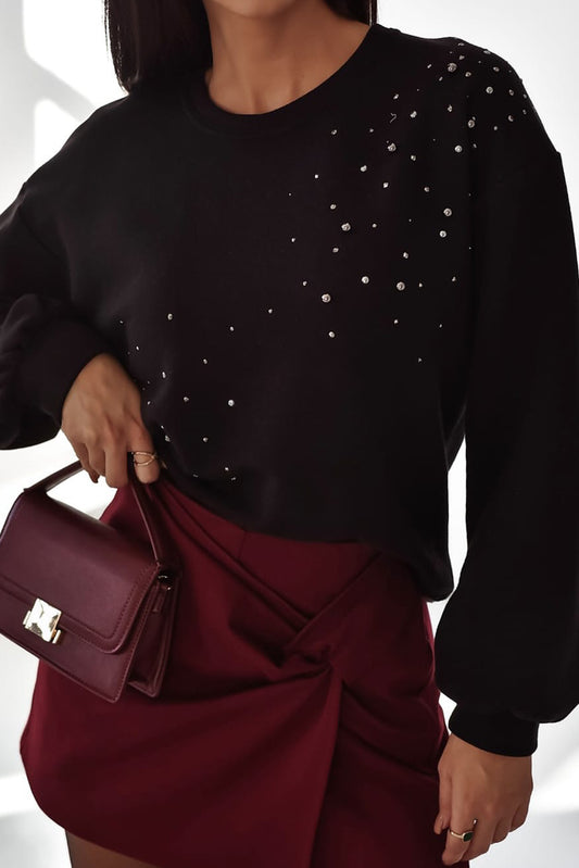 Rhinestone Embellished Drop Shoulder Ribbed Cuffs Sweatshirt