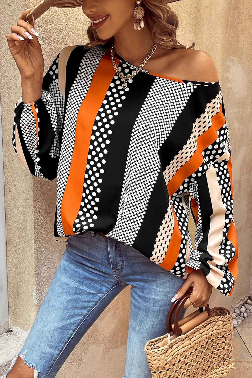 Polka Dot Vertical Striped Printed Puff Sleeve Blouse