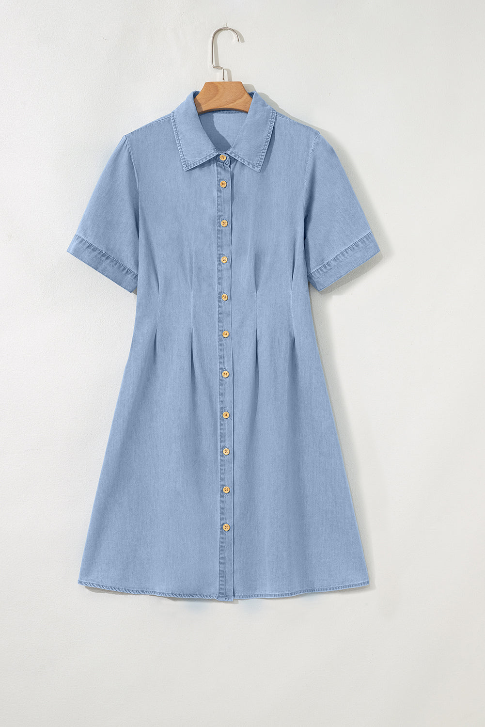Denim Pleated Slim Waist Short Sleeve Shirt Dress