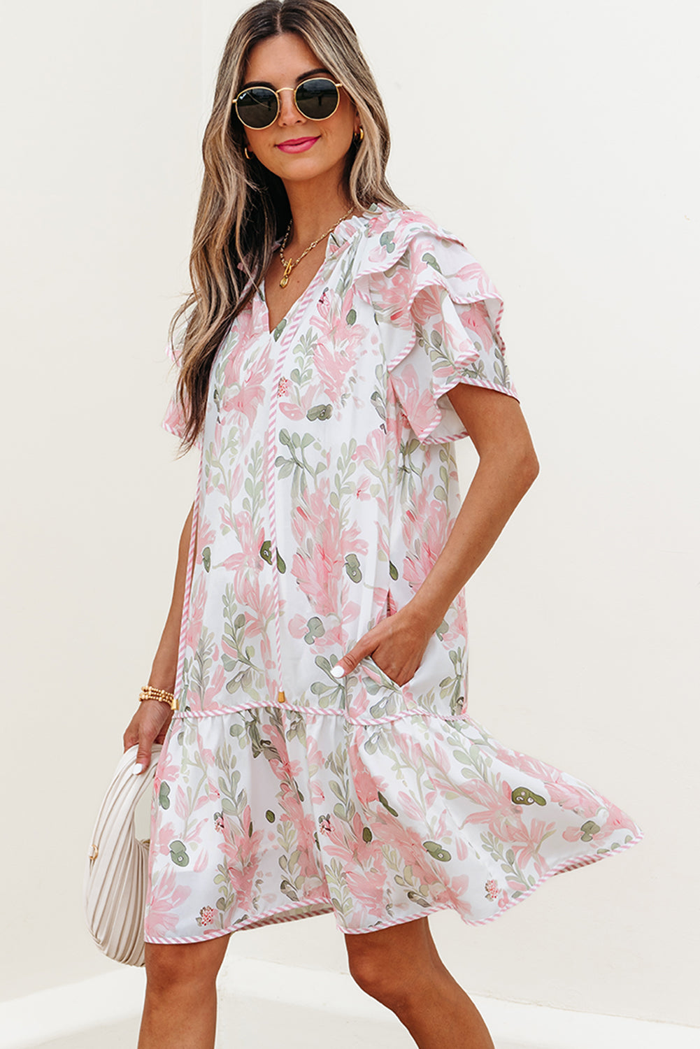 Floral Contrast Edge Layered Short Sleeve Mini Dress