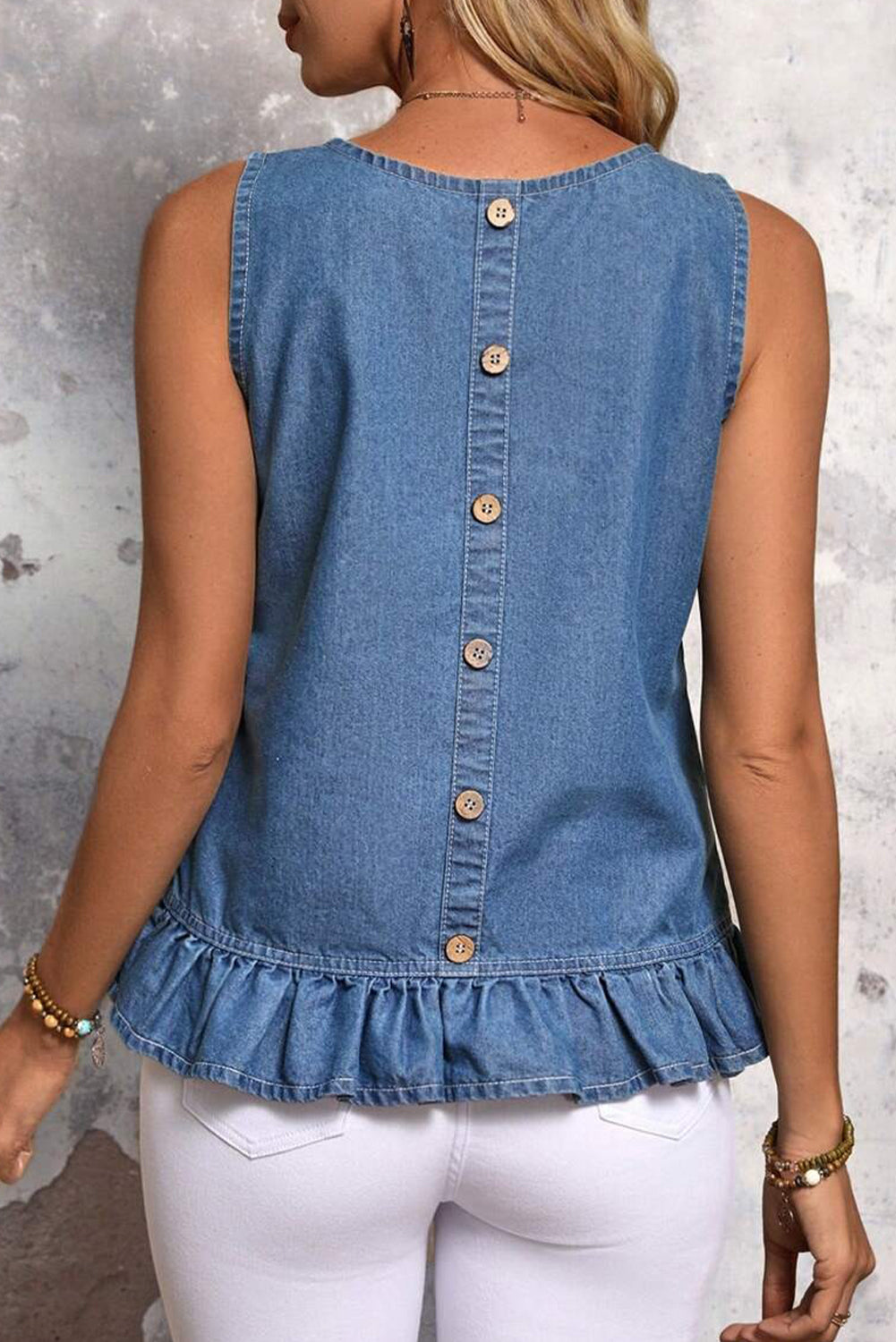 Ruffle Hem Sleeveless Denim Top