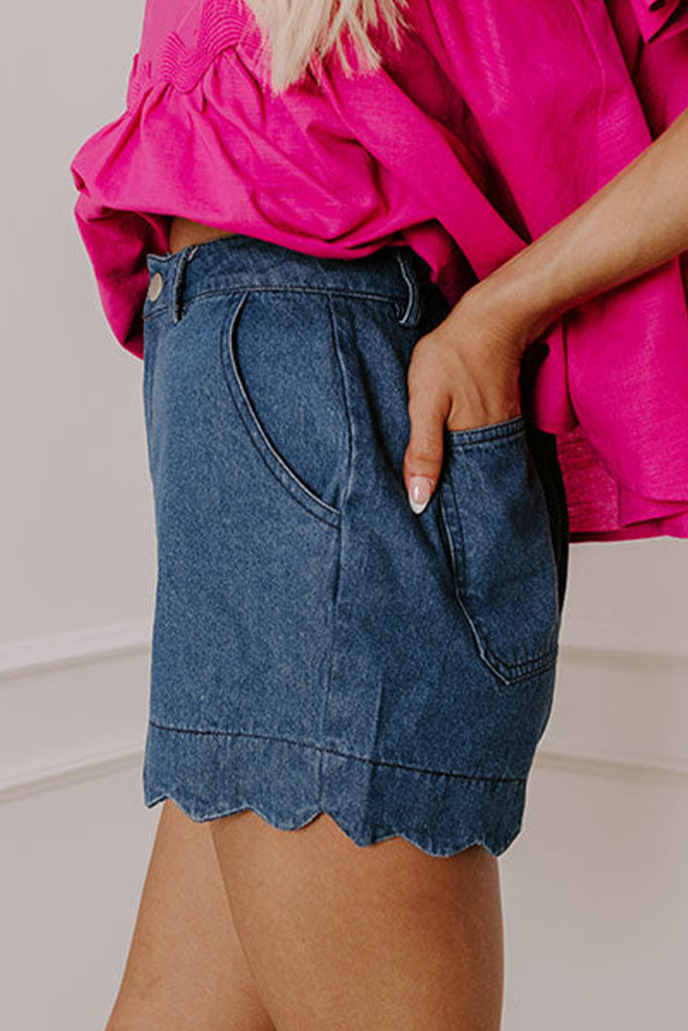 Scalloped Hemline Acid Wash High Waist Denim Shorts