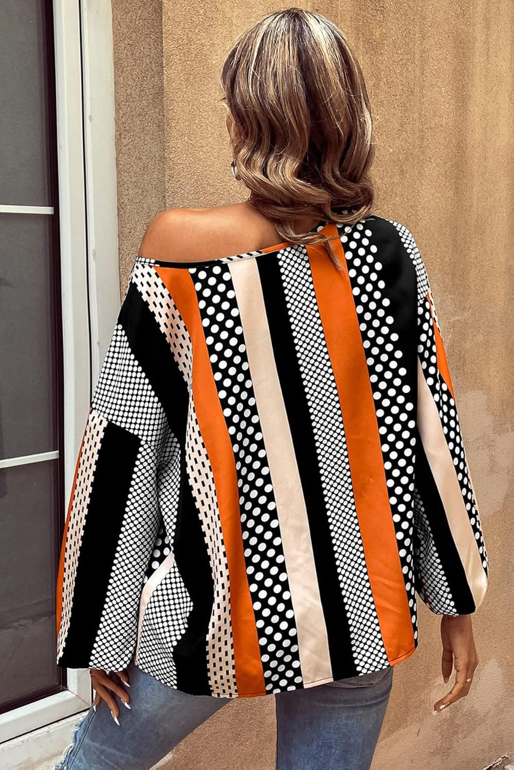 Polka Dot Vertical Striped Printed Puff Sleeve Blouse