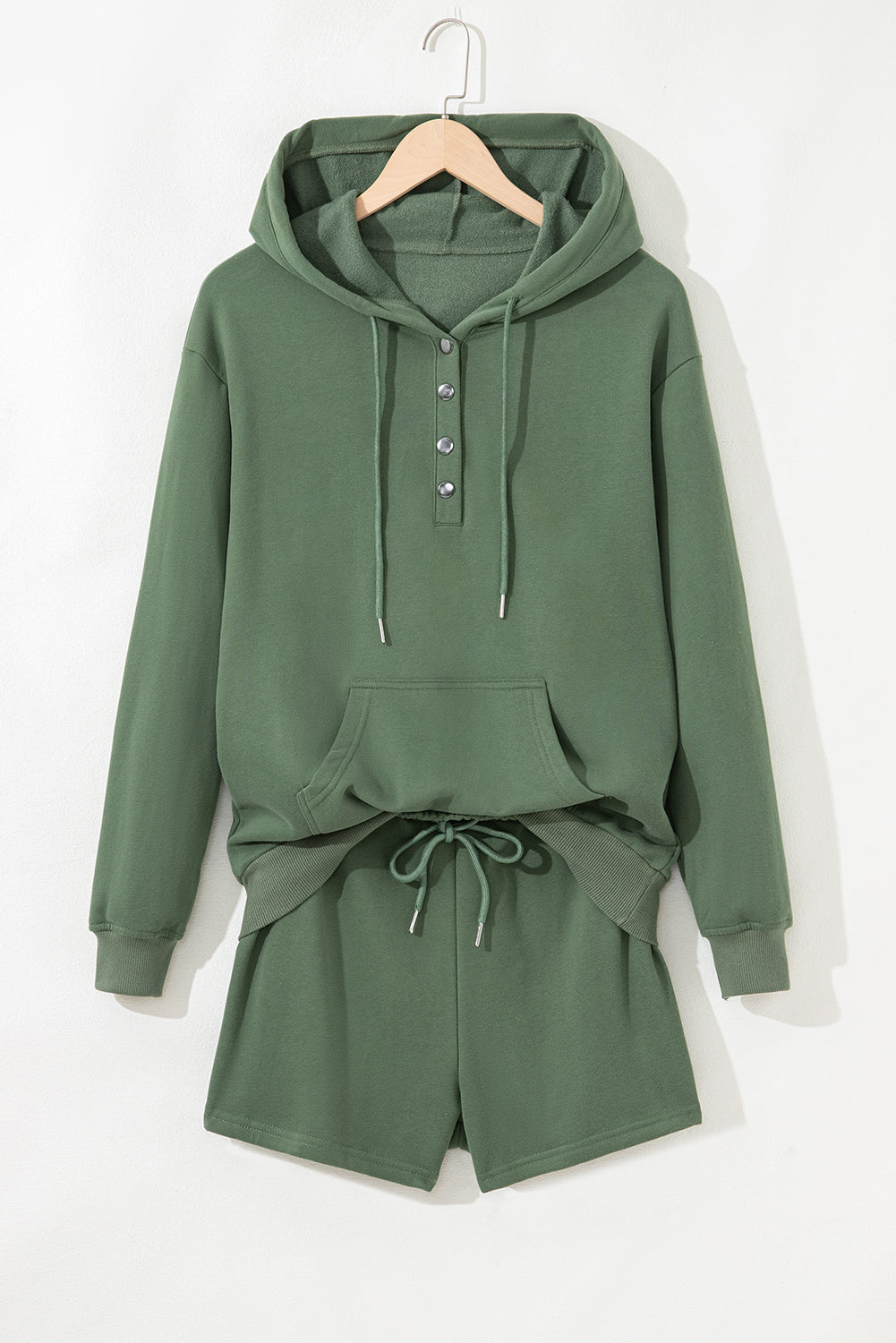 Button Drawstring Hooded Pullover and Casual Short Set
