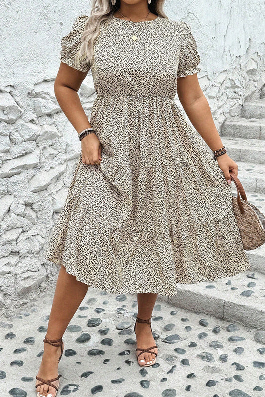 Plus Size Leopard Print Frill Trim Short Sleeve Flared Dress