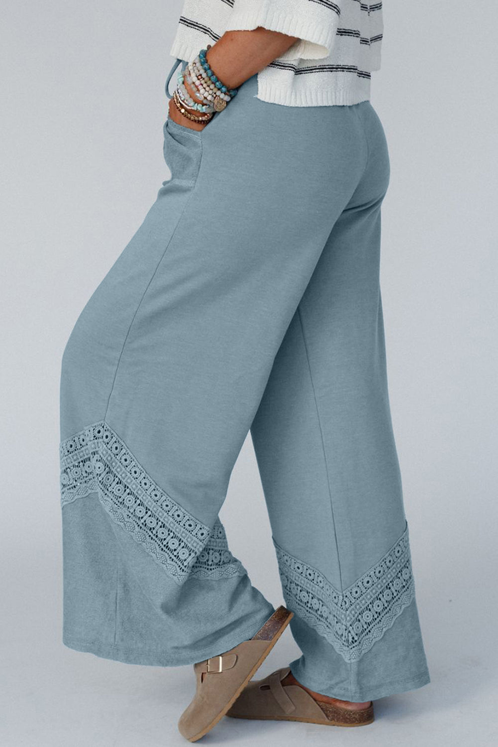 Lace Crochet Patched Lace-up High Waist Wide Leg Pants