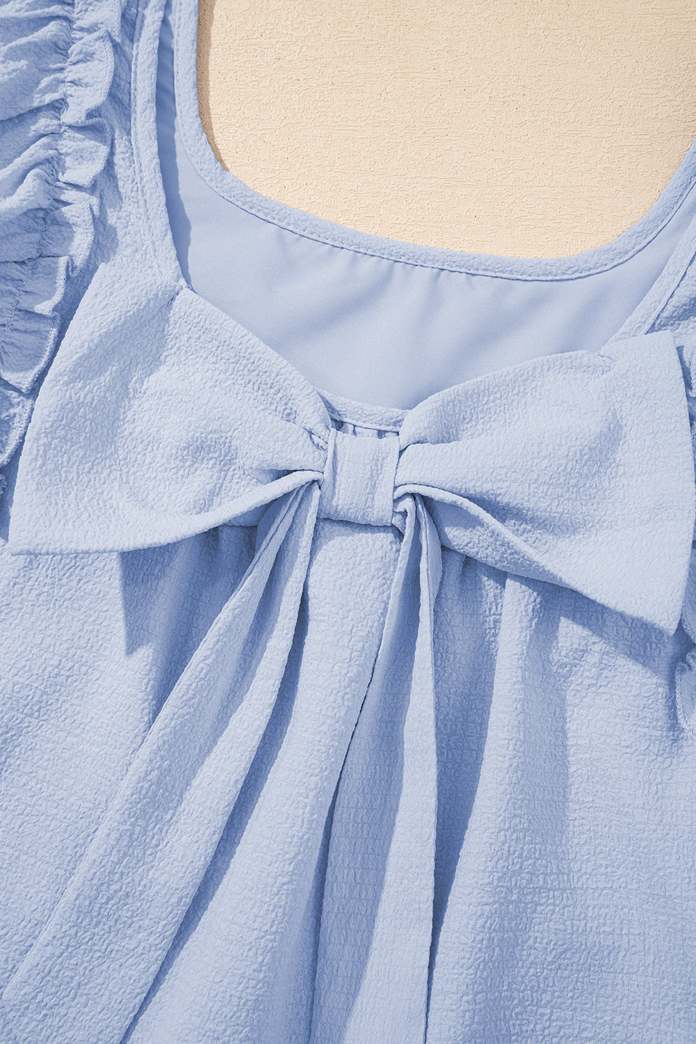 Textured Flutter Sleeve Square Neck Bow Back Mini Dress