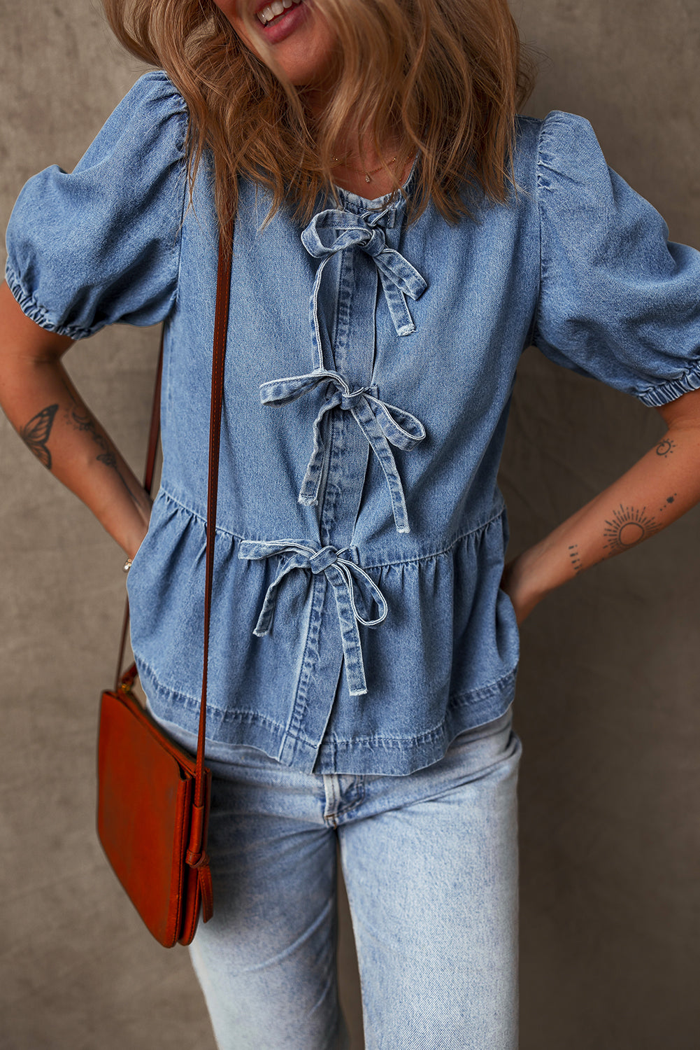 Tied Front Bubble Sleeve Peplum Denim Shirt