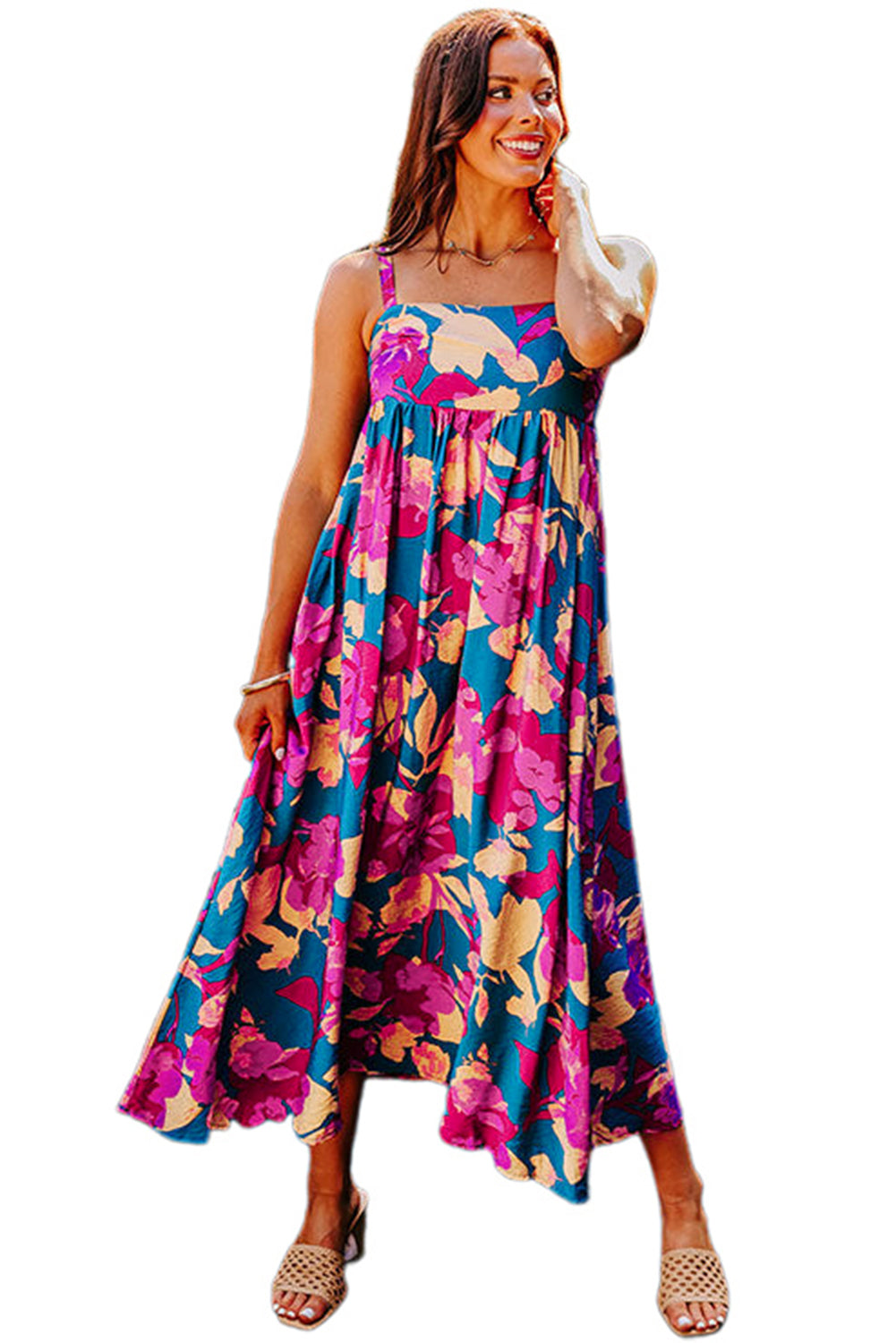 Floral High Waist Sleeveless Flared Long Dress