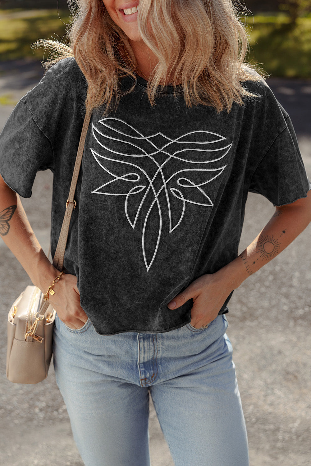 Floral Embroidered Mineral Wash Crew Neck T Shirt