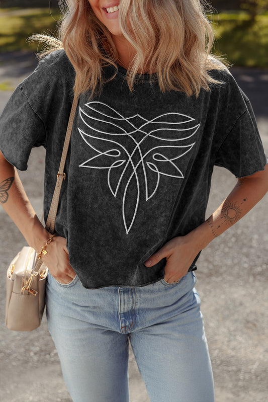 Floral Embroidered Mineral Wash Crew Neck T Shirt