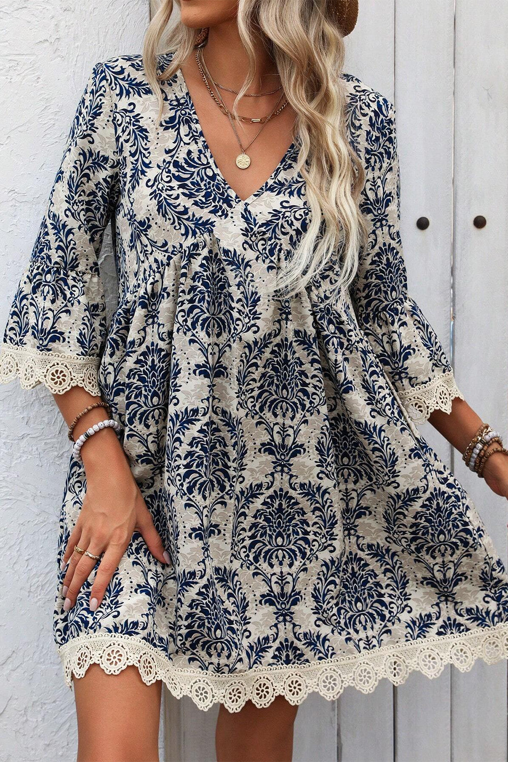 Vintage Printed Lace Trim V Neck 3/4 Sleeve Loose Dress