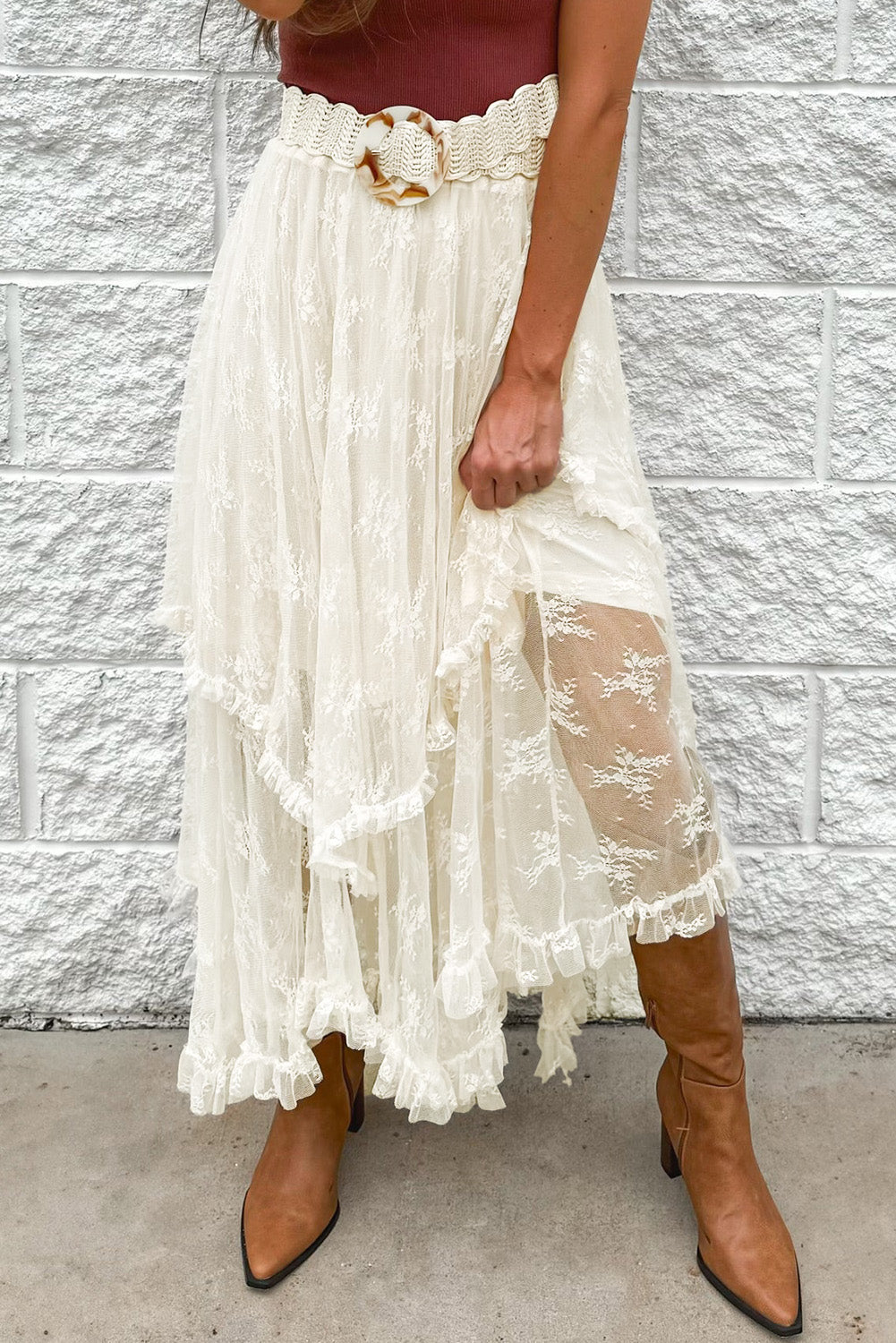 Lace Cascading Tiered High Waist Maxi Skirt