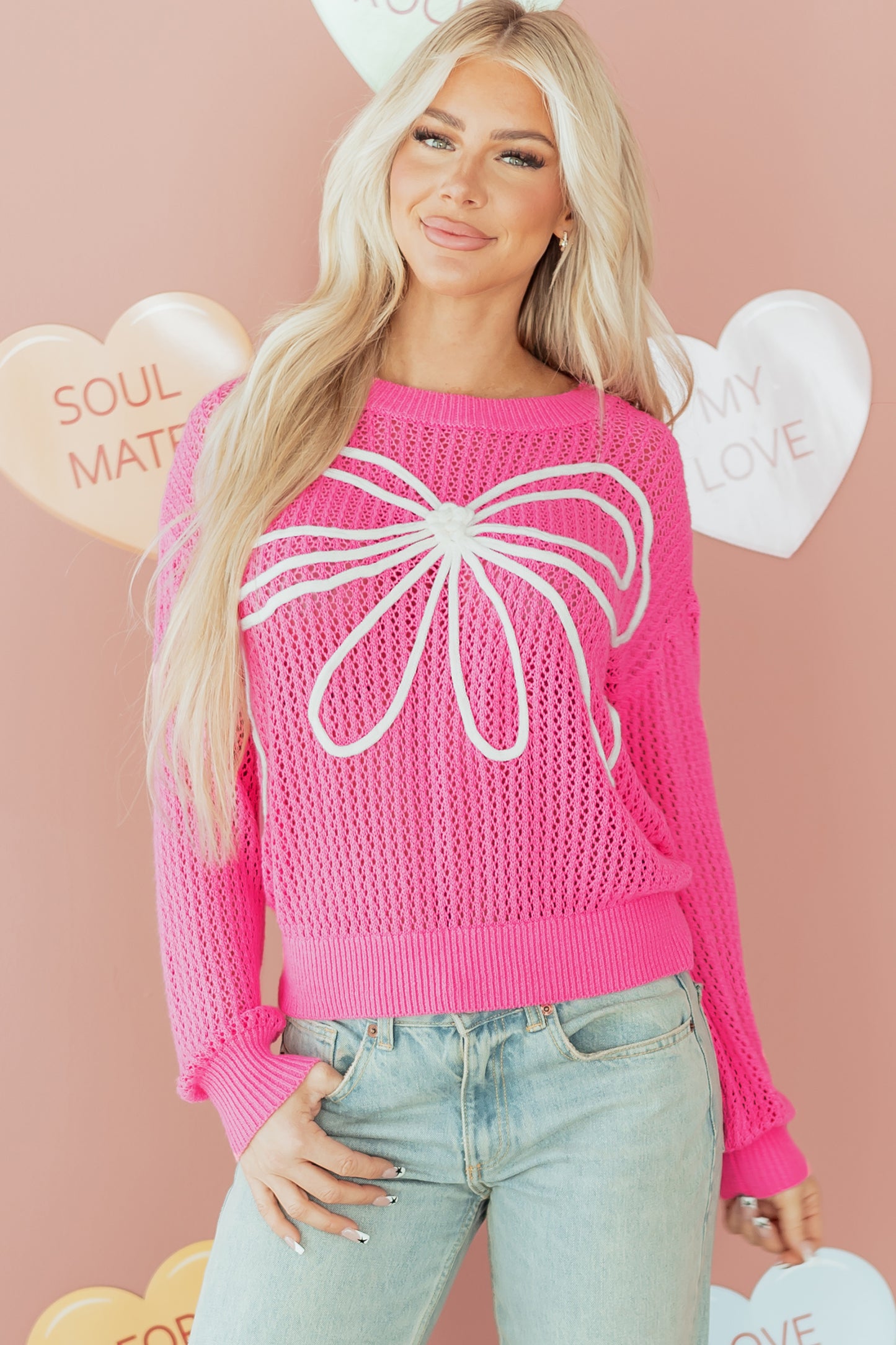 Sweet Bow Decor Hollow Out Knitted Drop Shoulder Sweater