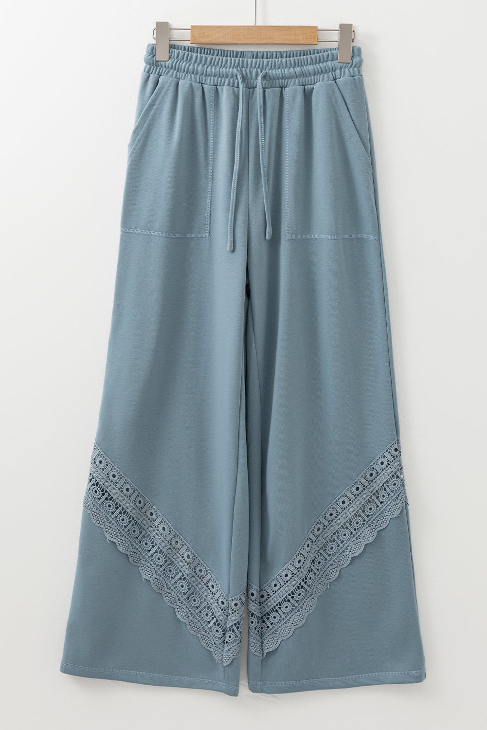 Lace Crochet Patched Lace-up High Waist Wide Leg Pants