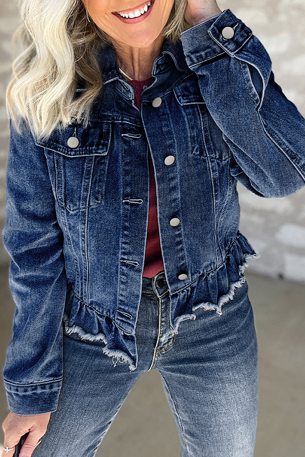 Ruffle Raw Hem Flap Pockets Denim Jacket