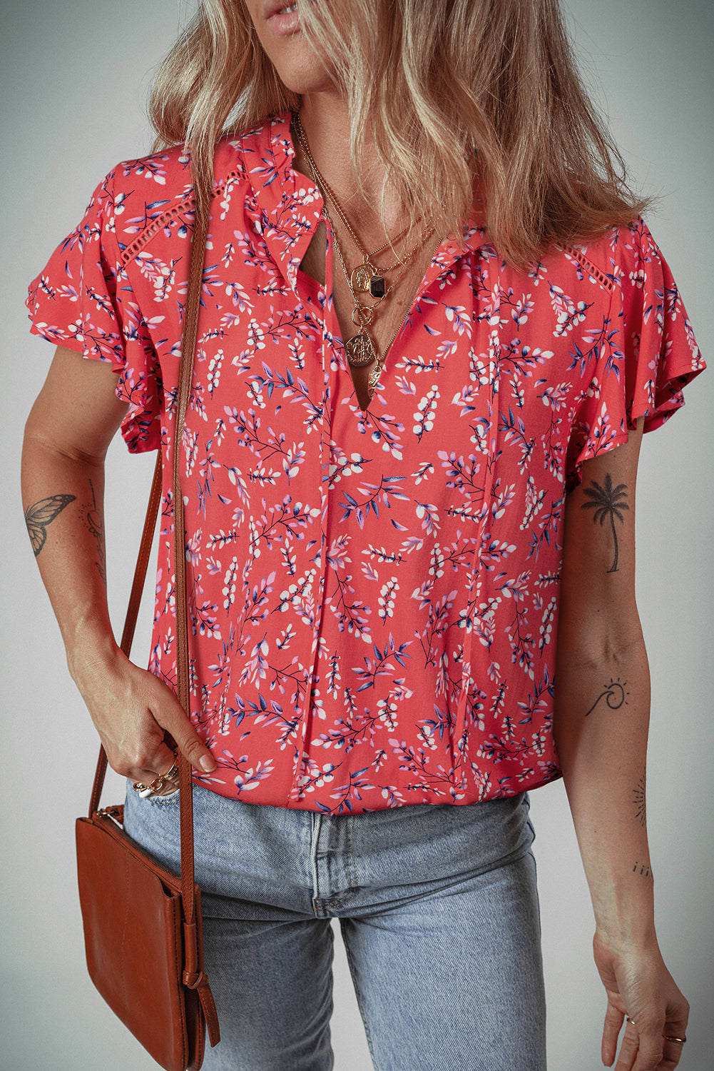 Floral Tie Split Neck Short Flounce Sleeve Crinkled Blouse