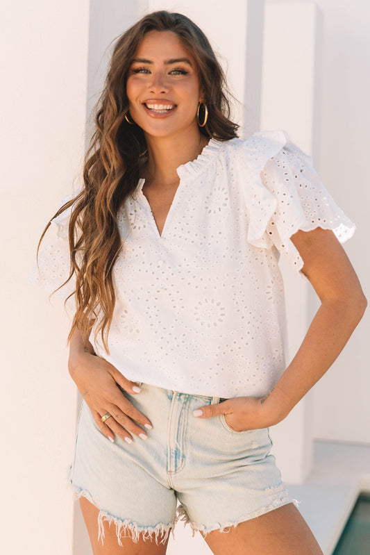 Broderie Anglaise Ruffle Short Sleeve Blouse
