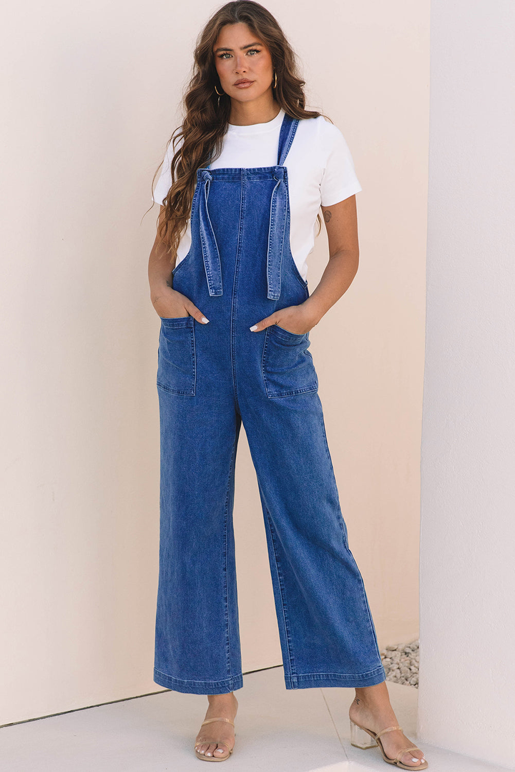 Mineral Wash Knotted Strap Patched Pocket Wide Leg Denim Overalls