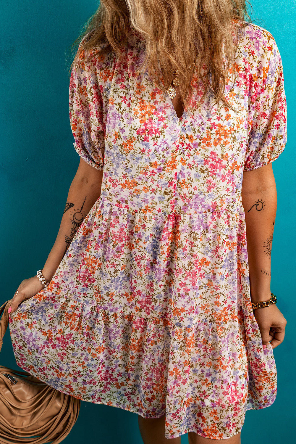 Floral Puff Sleeve Notched V Neck Tiered Mini Dress