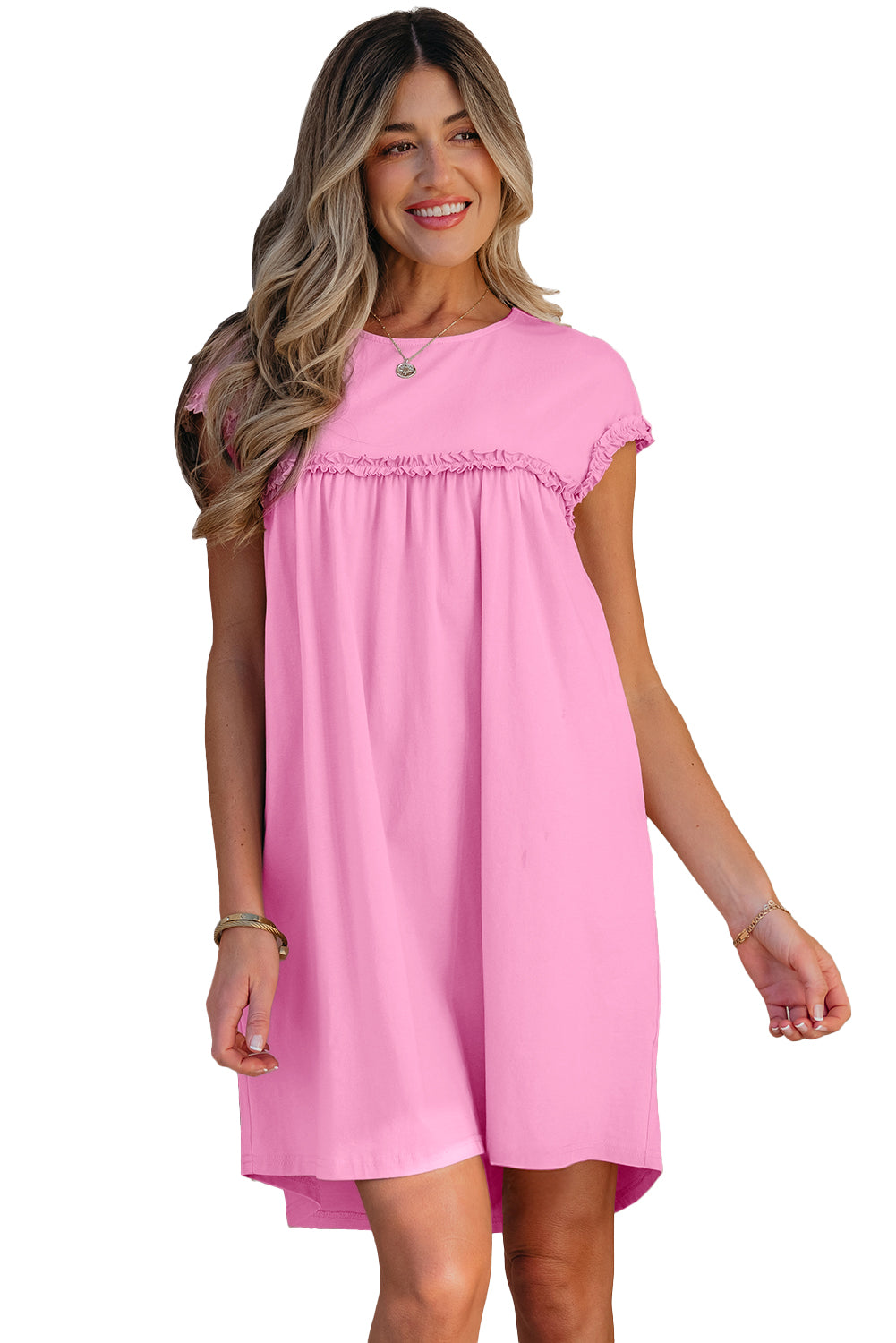 Frilled Trim Crew Neck Loose Fit Mini Dress