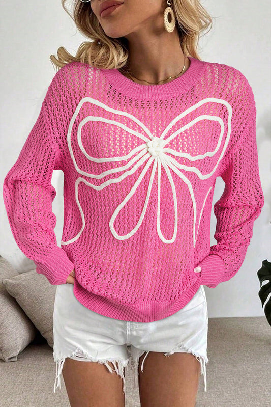 Sweet Bow Decor Hollow Out Knitted Drop Shoulder Sweater