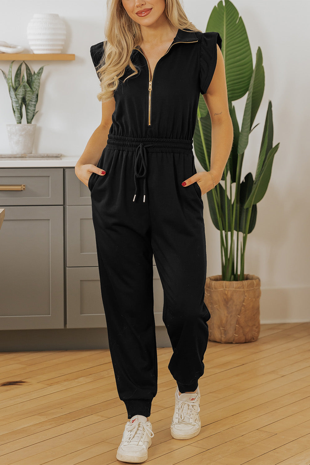 Zipper Flutter Sleeve Drawstring High Waist Jumpsuit