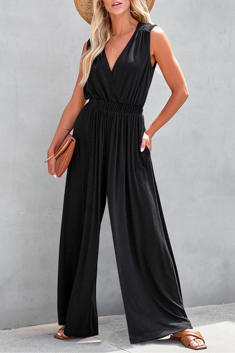 Deep V Pleated Crisscross Wide Leg Backless Jumpsuit