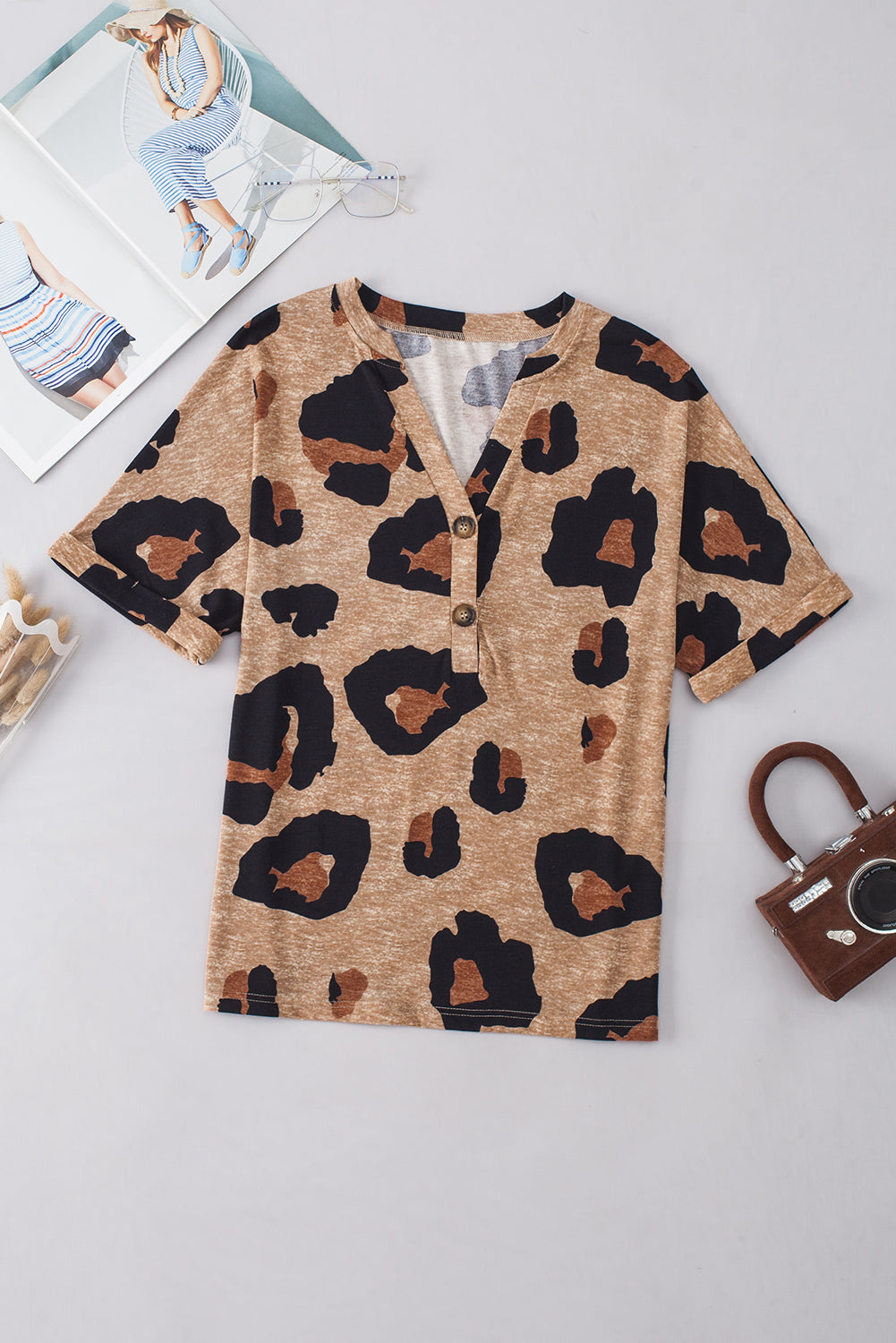 Leopard Folded Short Sleeve Buttoned V Neck T Shirt