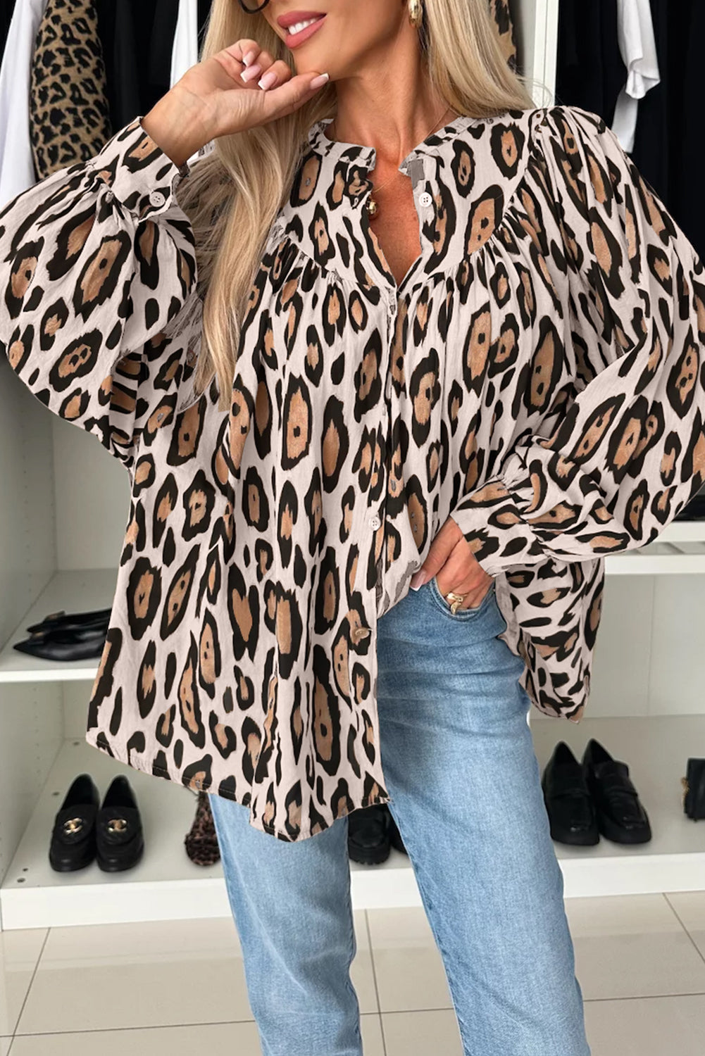 Oversized Leopard Print Balloon Sleeve Casual Shirt