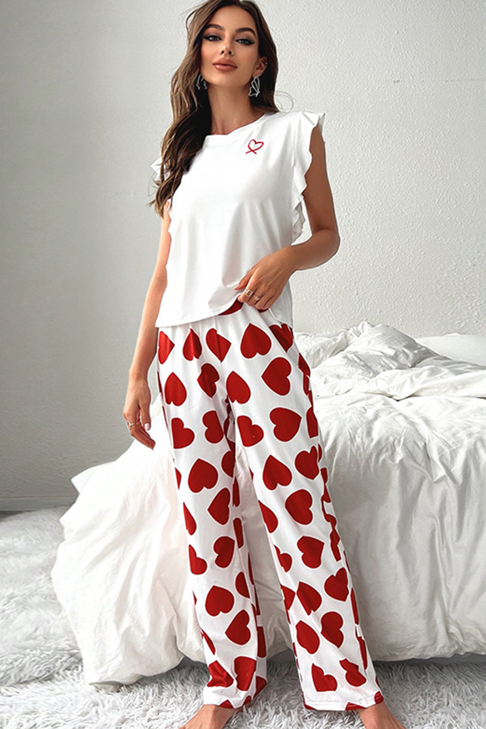 Ruffled Tank Top And Heart Print Pants Lounge Set