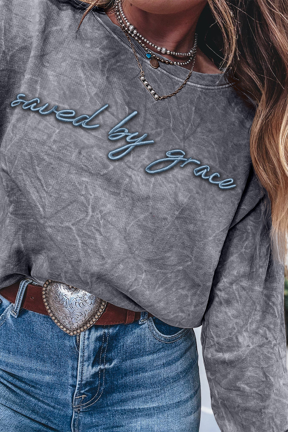 saved by grace Letter Embroidery Mineral Wash Loose Sweatshirt