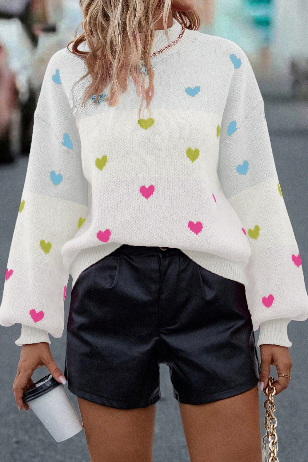 Heart Pattern Colorblock Knit High Neck Baggy Sweater