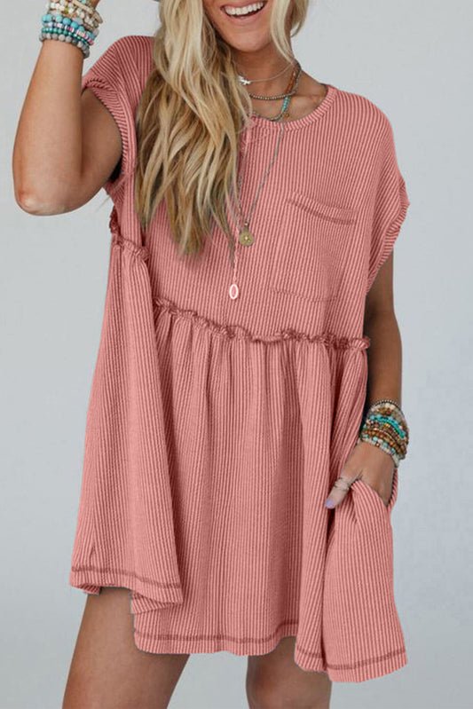 Corded Knit Textured Patched Pocket Frilled Swing Mini Dress with Pockets