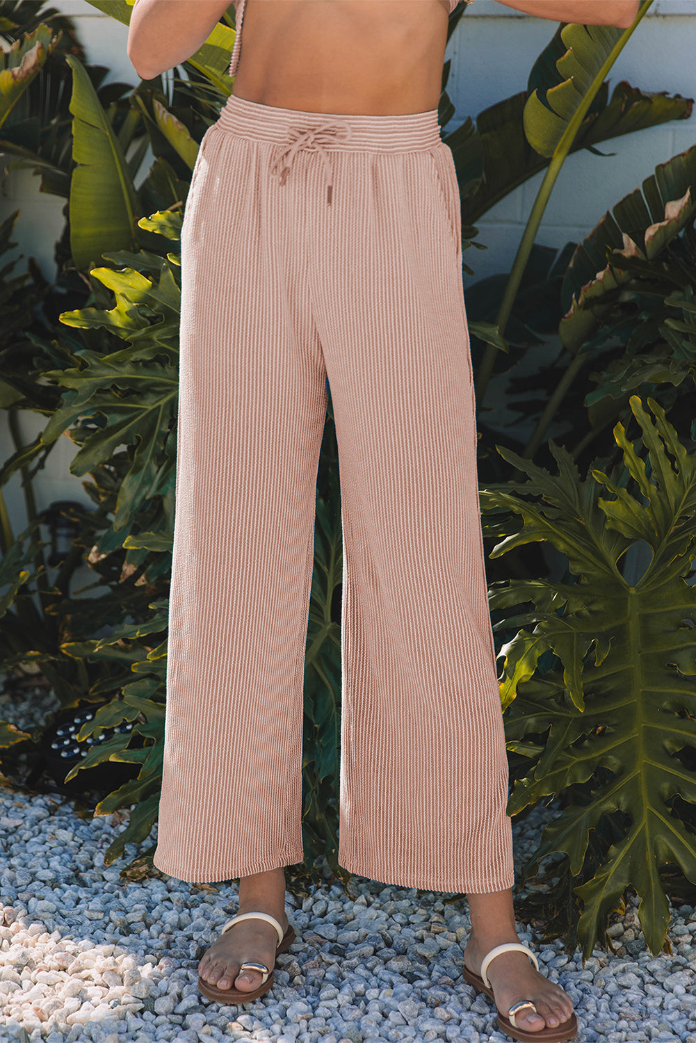 Solid Corded Knit Short Sleeve T Shirt and Wide Leg Pants Set