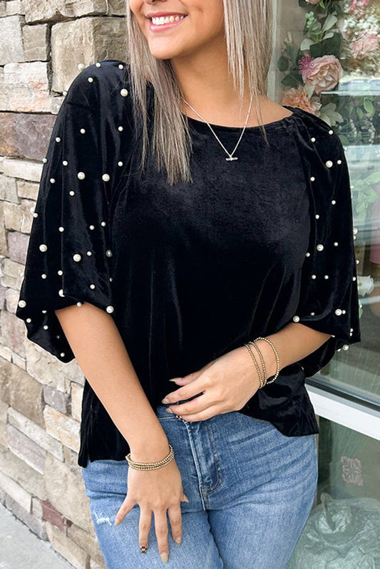 Pearl Beaded Half Sleeve Velvet Top