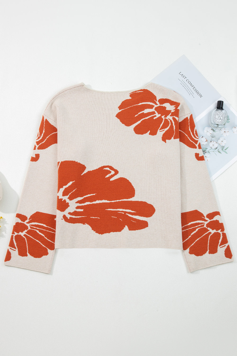 Bold Flower Pattern Wide Sleeve Baggy Sweater