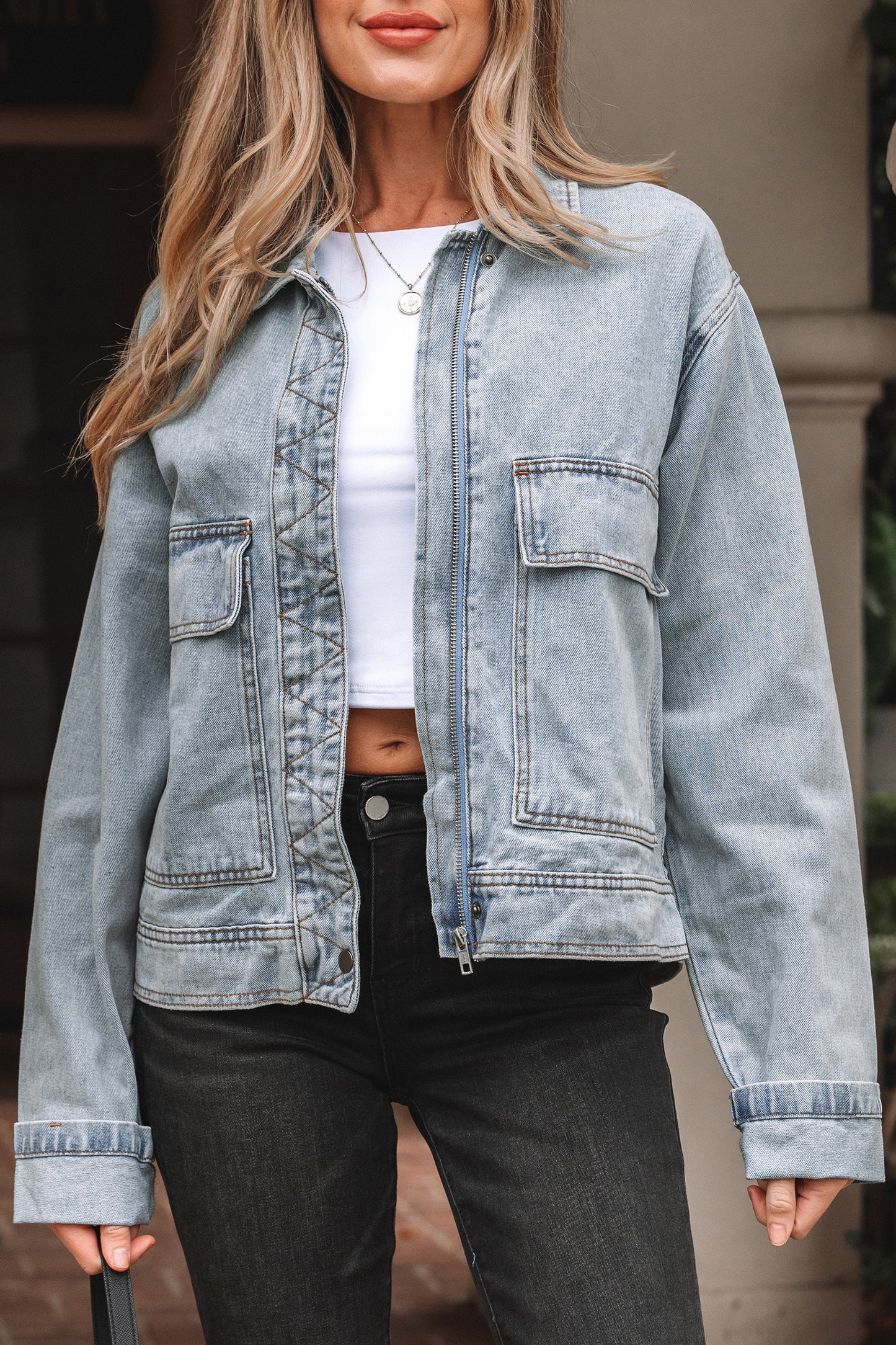 Street Style Zip Up Washed Denim Jacket