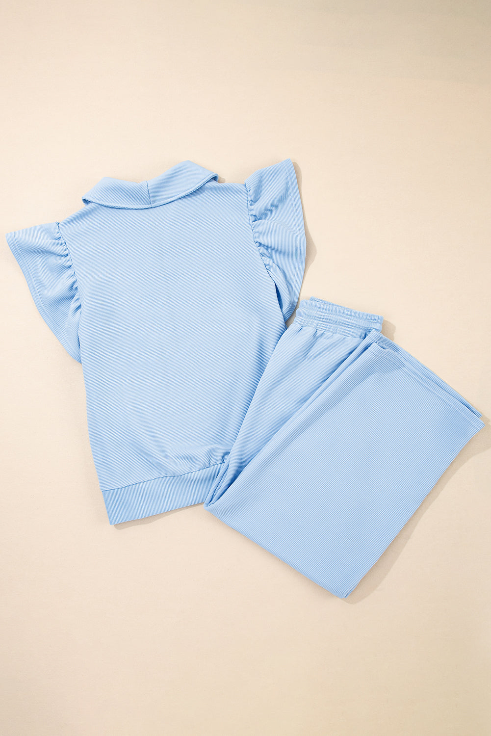 Textured Ruffled Sleeve Zipped Top and Wide Leg Pants Set
