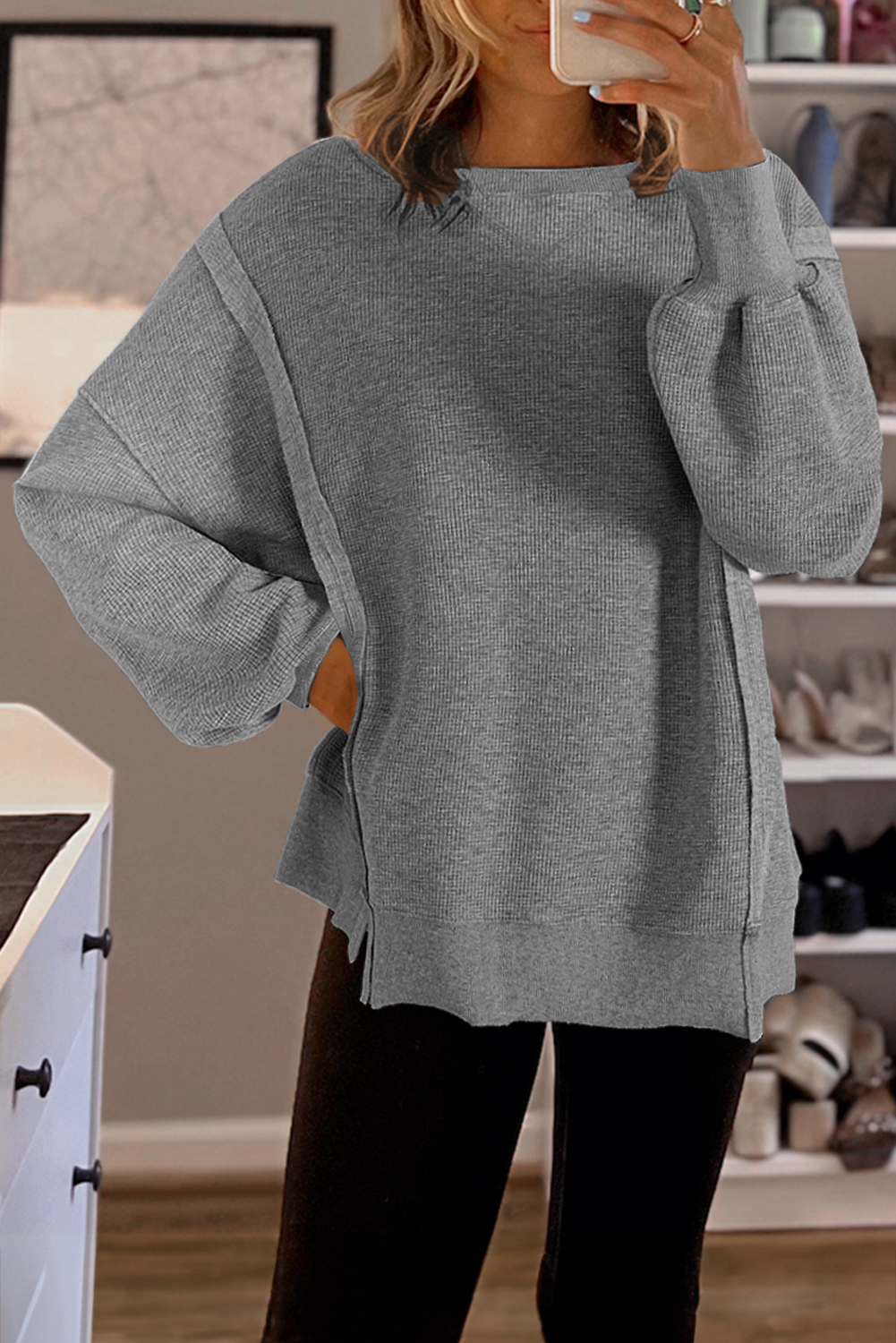 Waffle knit Bishop Sleeve Split Oversized Top