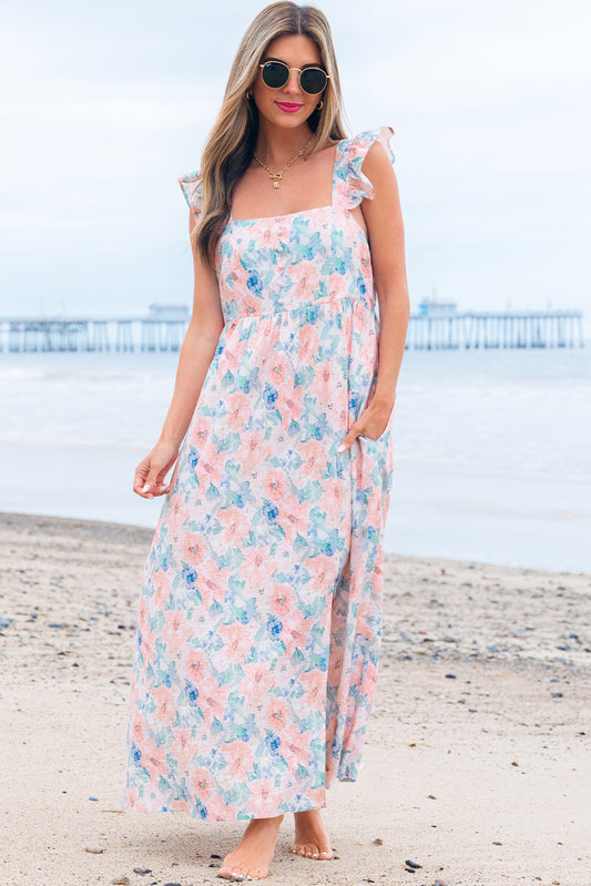 Floral Print Square Neck Backless Long Dress with Slit