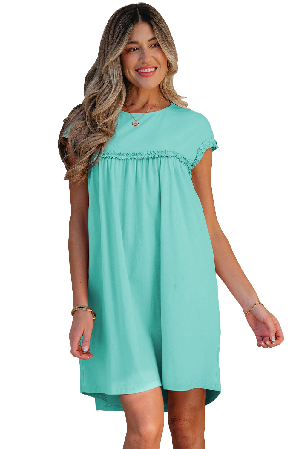 Frilled Trim Crew Neck Loose Fit Mini Dress