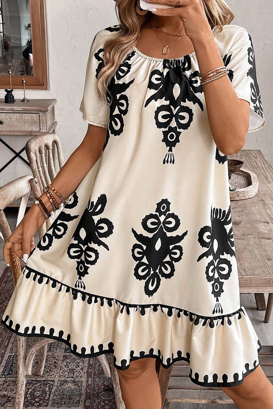 Western Print Ruffled Short Sleeve Loose Dress