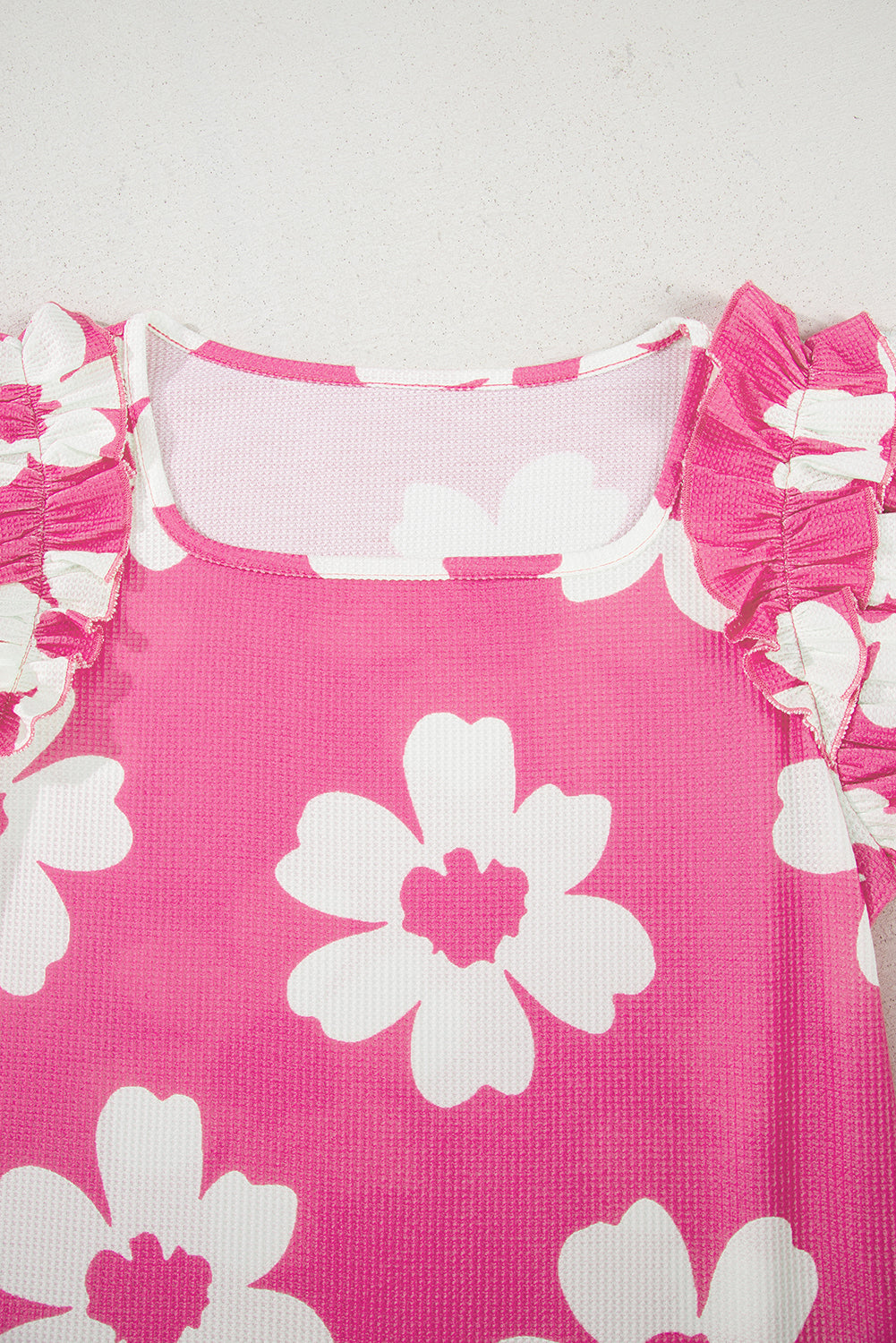 Floral Textured Ruffled Short Sleeve Square Neck Blouse