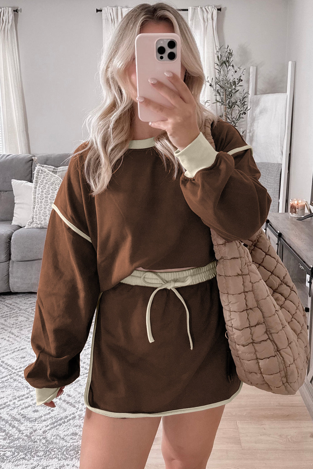 Color Contrast Loose Pullover and Lace-up Waist Skort Set