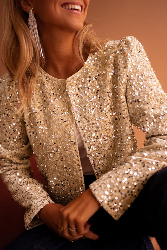 Fleece Sequined Open Front Cropped Jacket