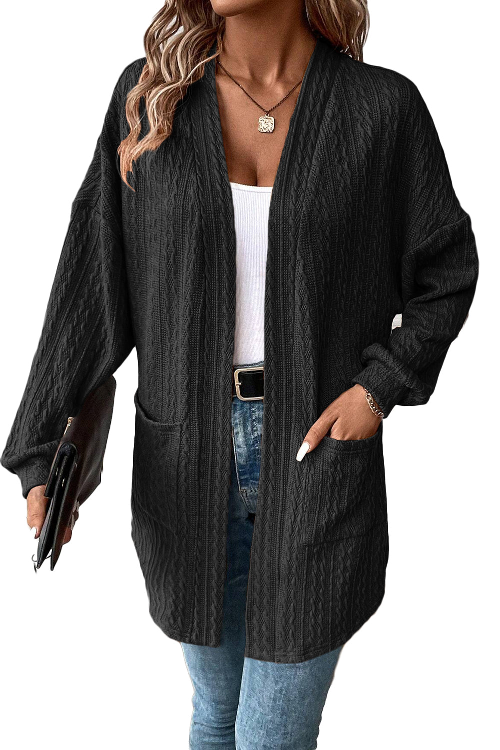 Textured Knit Side Pockets Open Front Cardigan